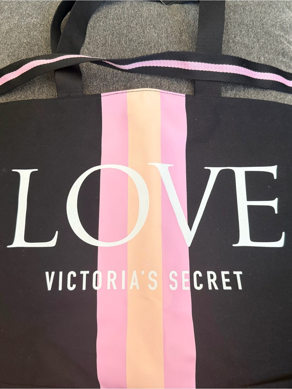 Victoria's Secret Black Tote with Pink and Peach Center Stripe and LOVE Graphic
